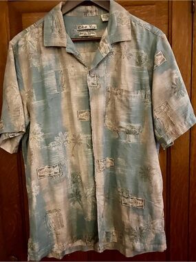 Island Casual Short-Sleeve Button-Down Shirt - Blue and Beige